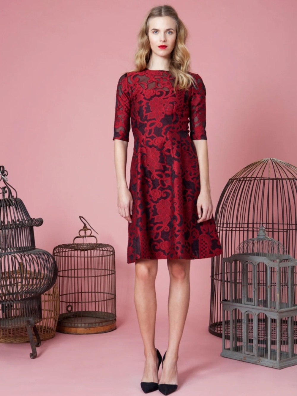 Lela Rose Red & Black Brocade Dress Designer Floral Jacquard Cocktail Mini